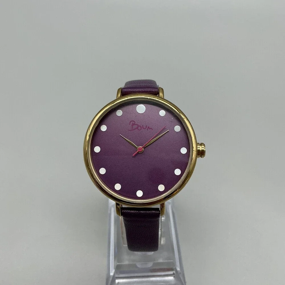 Boum Womens Watch 36mm Purple Dial Gold Tone Leather 3ATM WR New Battery